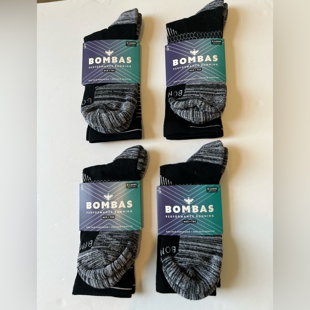 BOMBAS MEN’S RUN CALF SOCKS. SET OF 4 PAIR. SIZE: XL. BLACK. NWT